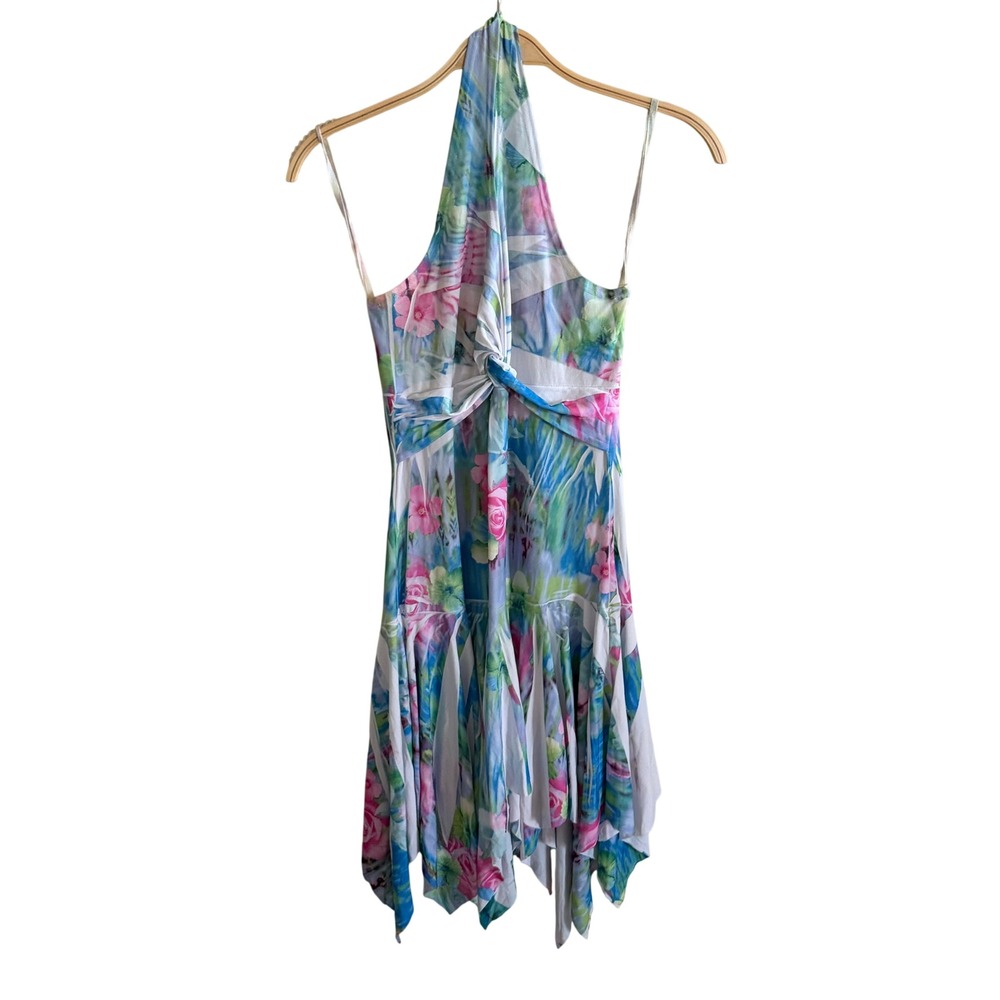 Tag 1080 Floral Halter Handkerchief Hem Dress Blue‎ Pink Tropical Twist Front